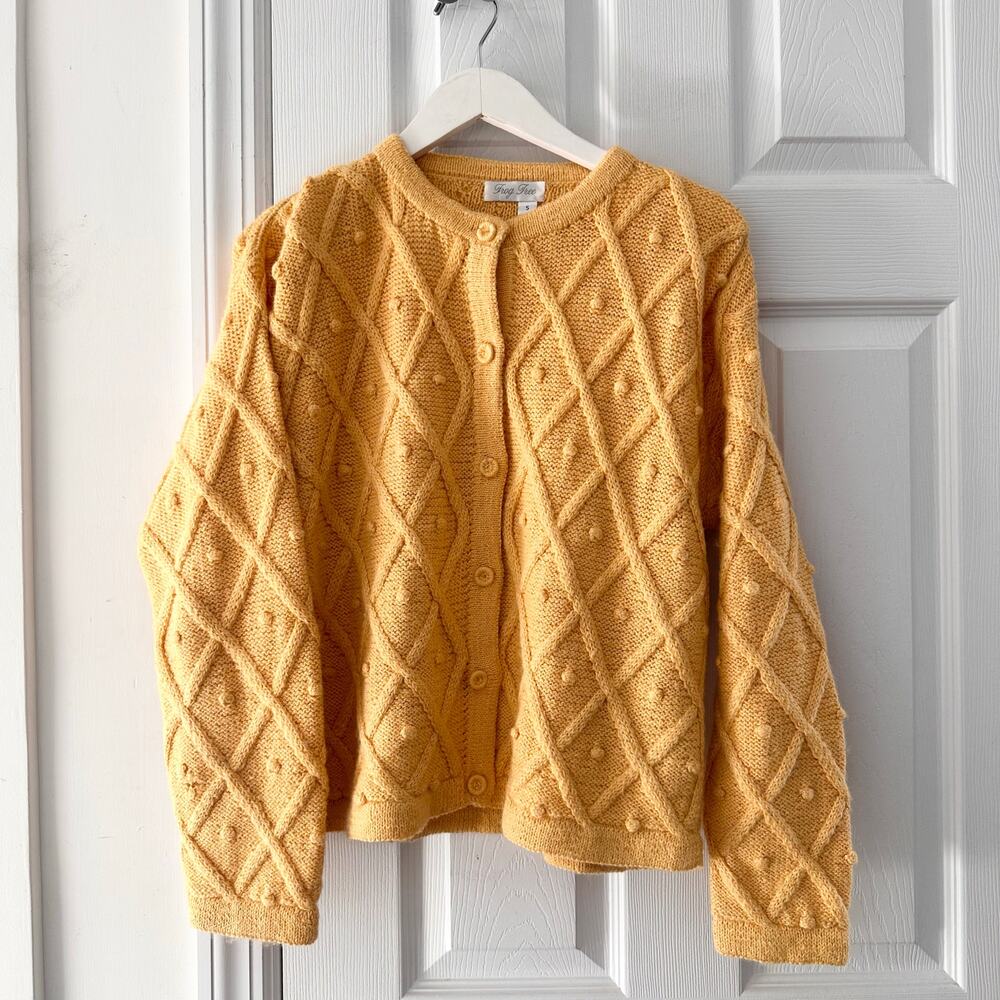 Frog Tree Baby Alpaca Argyle PomPom Knit Bright Canary Yellow Cardigan Sweater S